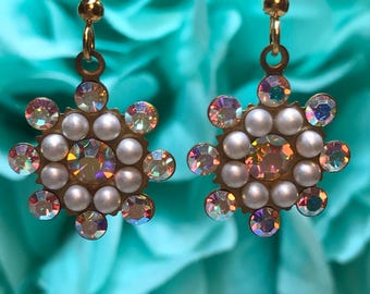 Sparkling Snowflake drop earrings, Swarovski AB crystals and pearl earrings, Christmas Earrings, Winter Earrings, Holidays