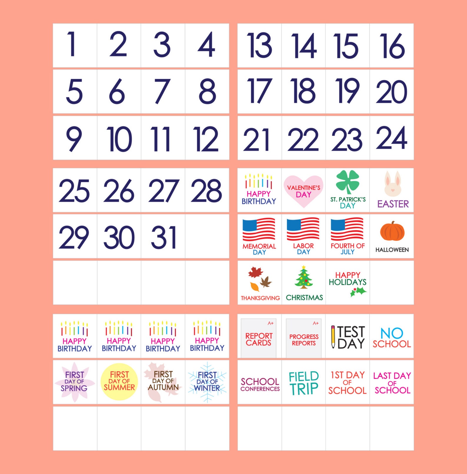 classroom calendar printable months days holidays numbers etsy