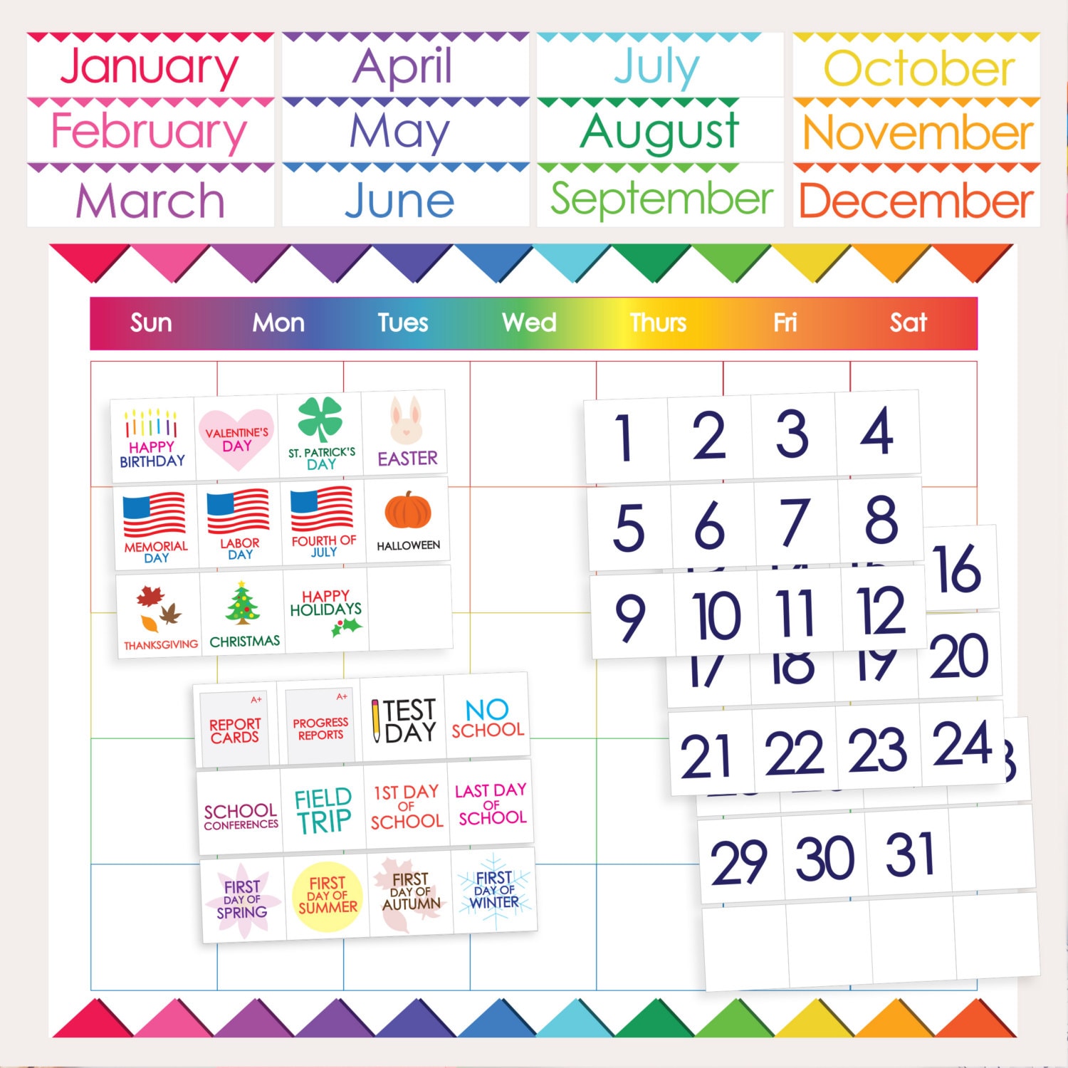 Classroom Calendar PRINTABLE Months Days Holidays Numbers