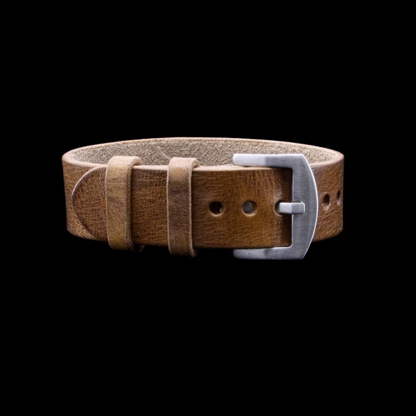 Bracelet de montre camouflage 102 passe-passe militaire fait main, style 2 passants, cuir pleine fleur tanné végétal italien