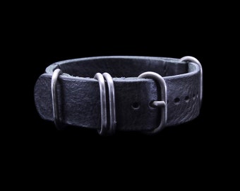 Handmade Vintage Nero (Black) NAT2 Leather Watch Strap, 5-Ring Style, Italian Veg Tanned