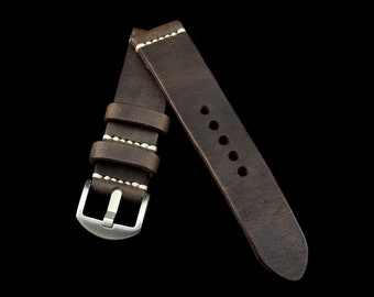 Handmade  Two-Piece Vintage 406 Leather Minimalist Watch Strap, Italian Veg Tanned (Dark Brown)