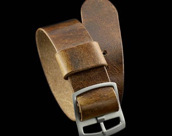 Handmade Military 102 Leather One Piece Watch Strap (Perlon Style), Italian Veg Tanned