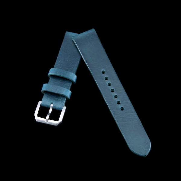 Bracelet de montre minimaliste en cuir bleu turquoise militaire 107 fait à la main en deux parties (sans couture), tannage végétal italien