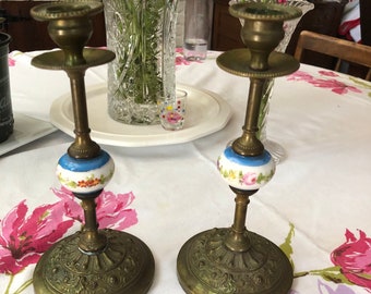 Antique Vintage Candlestick Holders Brass? Porcelain?