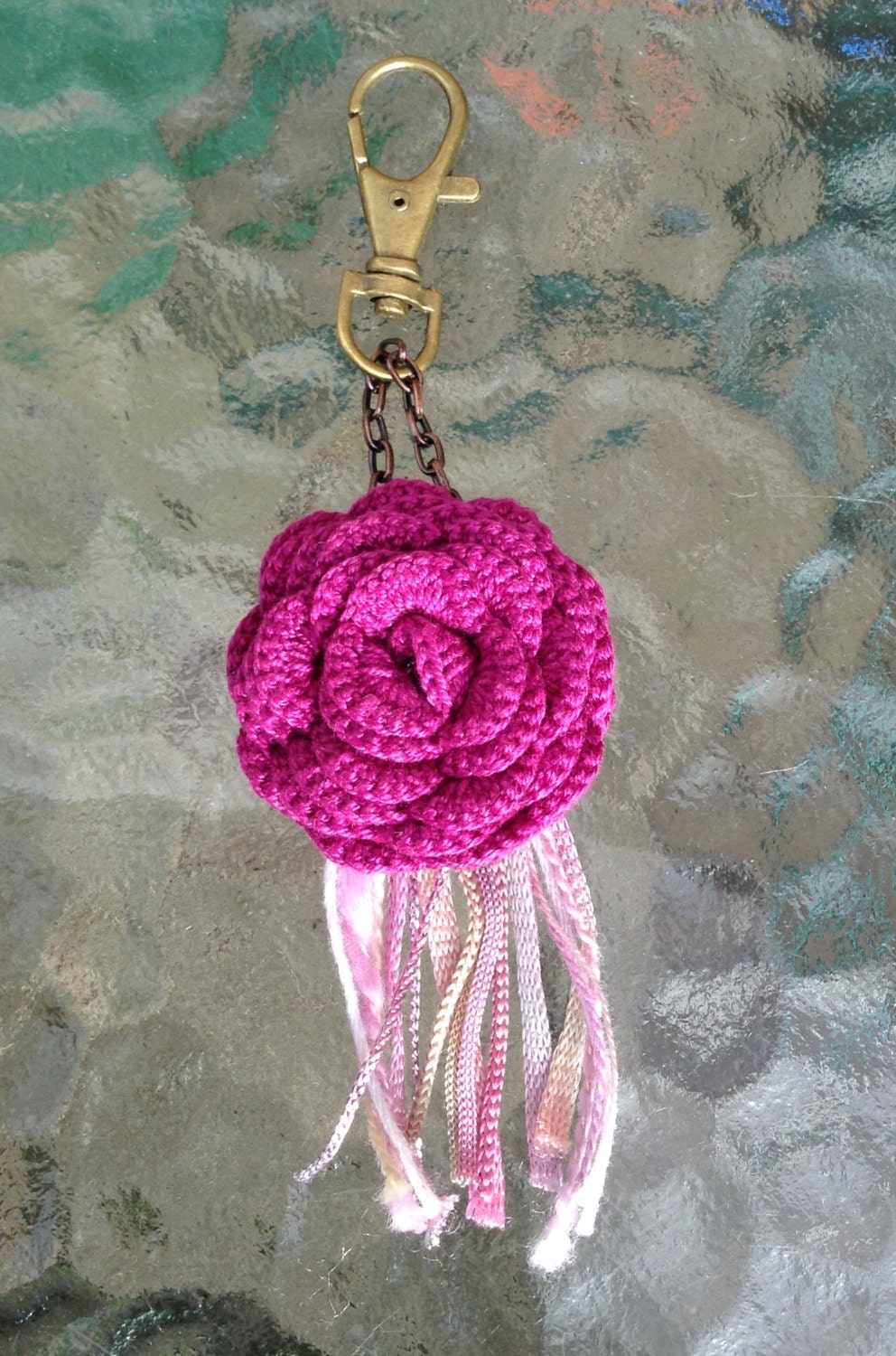 Crochet vintage style pink rose keyring accessory. Etsy