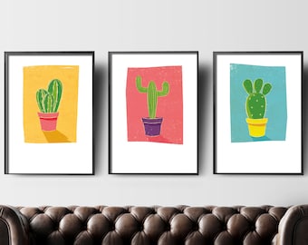 Modern Cactus Art Prints: Set of 3 Vibrant Succulent Wall Art