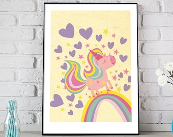 Estampa de unicórnio rosa para quarto de bebê: decoração de quarto de meninas com tema de unicórnio arco-íris