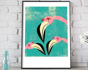 Mid Century Flamingo Art Print: Pink Nursery Decor