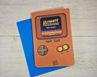 Ultimate Husband Birthday Card, Retro Gamer Handheld Card, Available in Two Colours