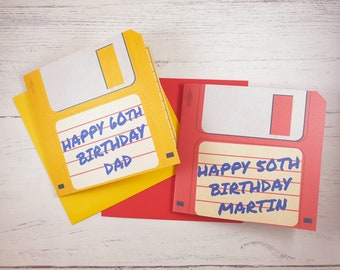 Personalised Blank Floppy Disk Birthday Card, 90s Vintage Card, Unique Greeting Card, Geeky Gift Idea, Name Age Custom Birthday card