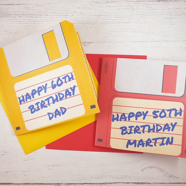 Tarjeta de cumpleaños personalizada de disquete en blanco, tarjeta vintage de los años 90, tarjeta de felicitación única, idea de regalo geek, tarjeta de cumpleaños personalizada de la edad del nombre