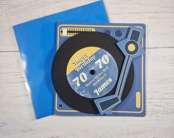 70th Personalised Record Player Birthday Card, 70 Grandad birthday card, Dad Birthday Card, Seventieth Birthday Card, Spinning Vinyl  Card