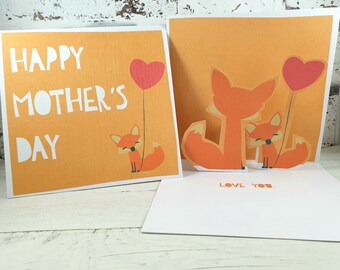 Bonne fête des mères Fox Popup Card, jolie première carte de fête des mères, carte pour maman, carte de son fils, fille