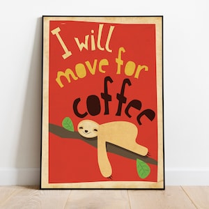 Retro Sloth Coffee Print: Mid-Century Modern Office Art