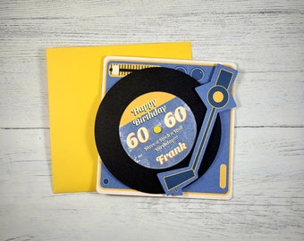 60e carte d'anniversaire de tourne-disque personnalisée, carte d'anniversaire de grand-père, carte d'anniversaire de papa, carte d'anniversaire de soixantième anniversaire, carte de filage de vinyle