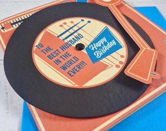 Retro Record Player Birthday Card for Husband: Sixties Music Theme