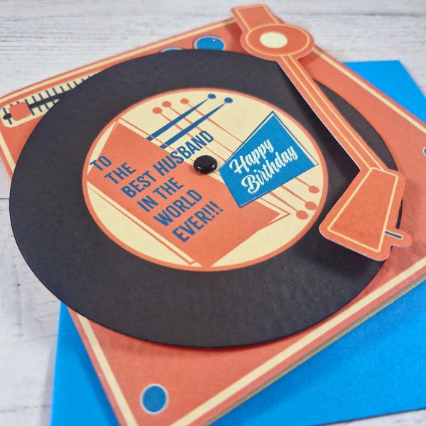 Retro platenspeler verjaardagskaart voor echtgenoot: jaren zestig muziekthema