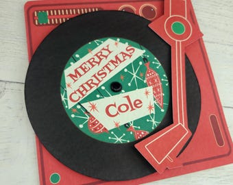 Personalised Merry Christmas Record Player Card, Dad Xmas Card, Name Custom Festive card