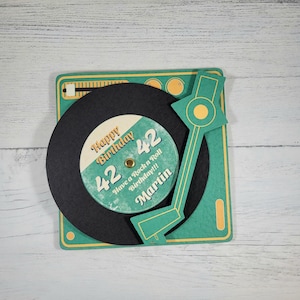 Carte d'anniversaire personnalisée pour tourne-disque, Carte d'anniversaire personnalisée, Carte sur le thème de la musique, Carte d'anniversaire en vinyle tourné, Carte de visite pour tout âge, image 5