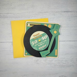 Tarjeta de cumpleaños personalizada con tocadiscos, tarjeta de cumpleaños personalizada, tarjeta retro de los años 60, tarjeta de cumpleaños número 50 con vinilo giratorio, tarjeta para papá