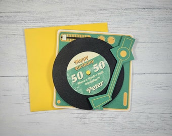 Carte d'anniversaire personnalisée pour tourne-disque 50e, carte d'anniversaire personnalisée, carte rétro des années 60, carte de cinquantième anniversaire en vinyle filant, carte de papa