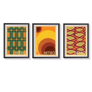 Set of 3 Mid Century Retro Pattern Digital Download Prints, Printable 70s Retro Abstract Print, 60s Art Print, living Room Decor image 1