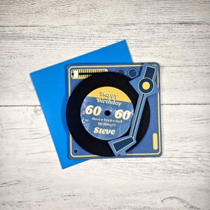 Carte d'anniversaire personnalisée pour tourne-disque, Carte d'anniversaire personnalisée, Carte sur le thème de la musique, Carte d'anniversaire en vinyle tourné, Carte de visite pour tout âge, Bleu