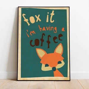 Retro fox coffee print, coffee art, kitchen art, modern art print, office decor, coffee lover gift, Christmas Gift