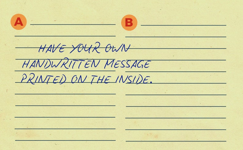May include: A lined sheet of paper with the letters A and B circled in orange. The text "HAVE YOUR OWN HANDWRITTEN MESSAGE PRINTED ON THE INSIDE." is written in blue ink.