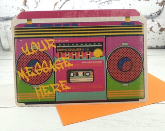 Carte personnalisée Boombox des années 90, carte d'anniversaire Ghetto Blaster des années 80, écrivez votre propre message, carte personnalisée pour lui ou elle, carte de musique stéréo
