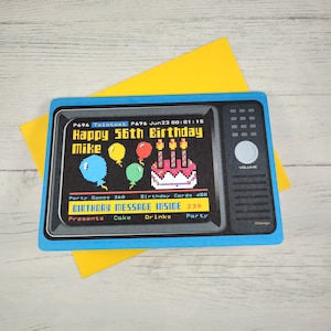 Tarjeta de cumpleaños retro personalizada de TV, tarjeta de cumpleaños para cualquier edad de los 80, tarjeta de teletexto, tarjeta para amantes de la televisión, tarjeta de cumpleaños de los años ochenta y noventa
