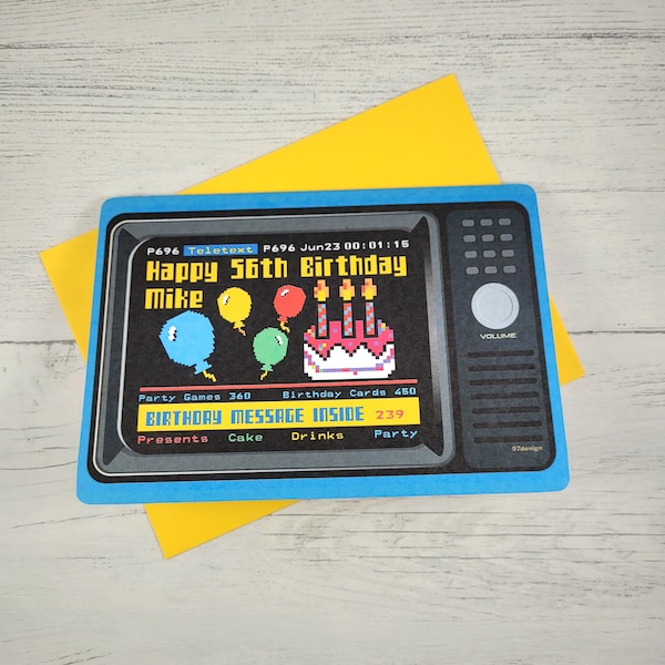 Personalised Retro TV Birthday Card, Any Age birthday card  80s, Teletext Card, Television lover card, Eighties Nineties Birthday Card