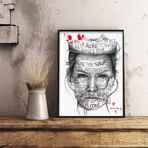Peut inclure: Dessin en noir et blanc d'un visage avec du texte rouge superposé. Le texte dit "How now, my lord! Why do keep alone, of sorriest fancies your companions making using those thoughts which should indeed have died with them, the things with all renew without regard what's done is done."