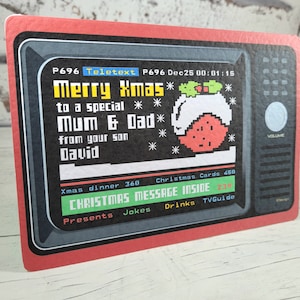 Mama en papa teletekstkerstkaart, gepersonaliseerde kerstkaart ouders, leuke kerst, speciale mama-vaderkaart, jaren negentig kerstmis, van zoon-dochter