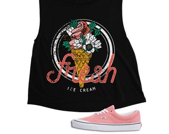VINTAGE | Fresh Ice Cream Sleeveless Cute Funny Animals Plants Flowers Women's Crop Top