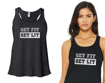 Bella Canvas Flowy Racerback Tank Top | Get Fit Get Lit Silver Printed Work Out Tanks