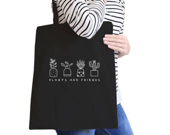 Plants Are Friends Cute Funny Trendy Graphic Printed Natural/Black Canvas Tote Bag