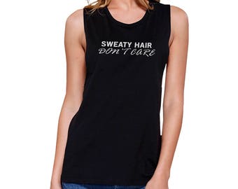 WORKOUT | Sweat Hair Don't Care Black Sleeveless Cute Trendy and Stylish Graphic Muscletop (JMS065)