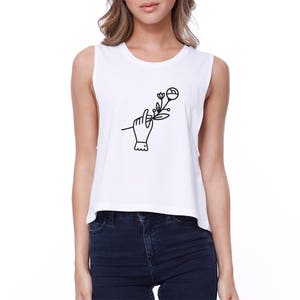 EARTH DAY | Hand Holding Flower White Sleeveless Simple Stylish Trendy Graphic Croptop (JCR127WT)