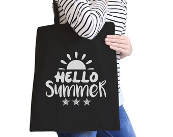 Hello Summer Sun Cute Stylish Trendy Graphic Printed Natural/Black Canvas Tote Bag