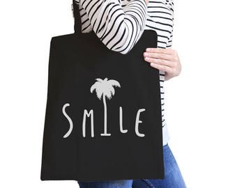 Smile Palm Tree Cute Simple Stylish Trendy Graphic Printed Natural/Black Canvas Tote Bag