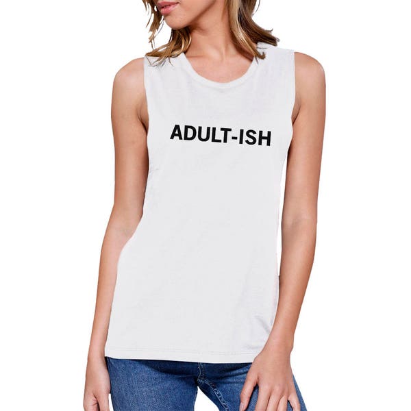 HUMOR | Adult-ish White Sleeveless Simple Cute Trendy Graphic Muscletop (JMS079WT)
