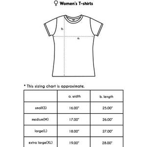 May include: A size chart for women's t-shirts with measurements in inches. The chart shows the width and length of the shirts in sizes small, medium, large, extra large, double extra large, and triple extra large.