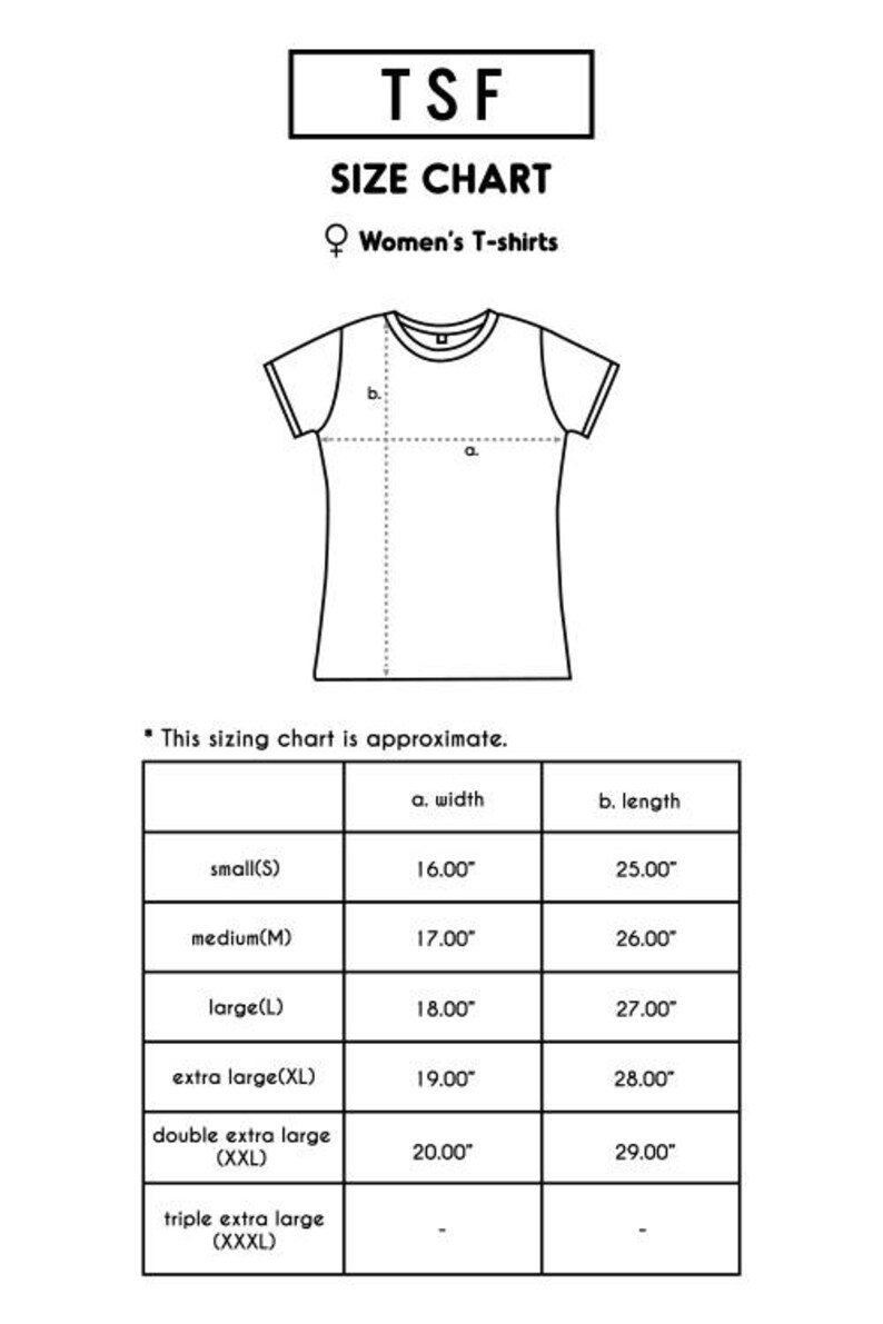May include: A size chart for women's t-shirts with measurements in inches. The chart shows the width and length of the shirts in sizes small, medium, large, extra large, double extra large, and triple extra large.