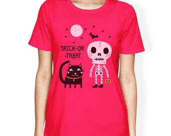 HALLOWEEN | Trick-Or-Treat Skeleton And Black Cat Cute Funny Stylish Graphic T-shirts Perfect Halloween Gifts