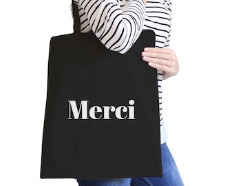 Merci Typography Simple Cute Trendy Graphic Printed Natural/Black Canvas Tote Bag