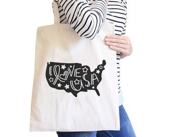 I Love USA Cool Stylish Graphic Printed Natural/Black Canvas Tote Bag