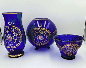 Bohemian crystal vase, flower pot and bowl set, 1970