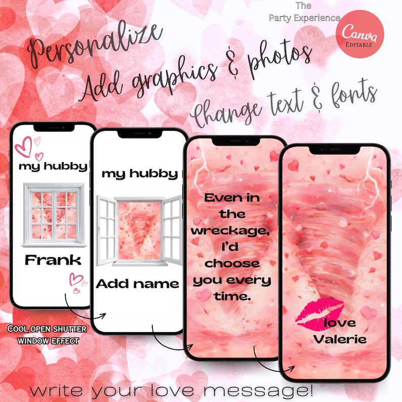 Pu&ograve; includere: Quattro smartphone che mostrano messaggi e grafica romantica. I telefoni presentano frasi come "my hubby", "Even in the wreckage, I'd choose you every time" e "love Valerie". Lo sfondo &egrave; un motivo di cuori rosa.